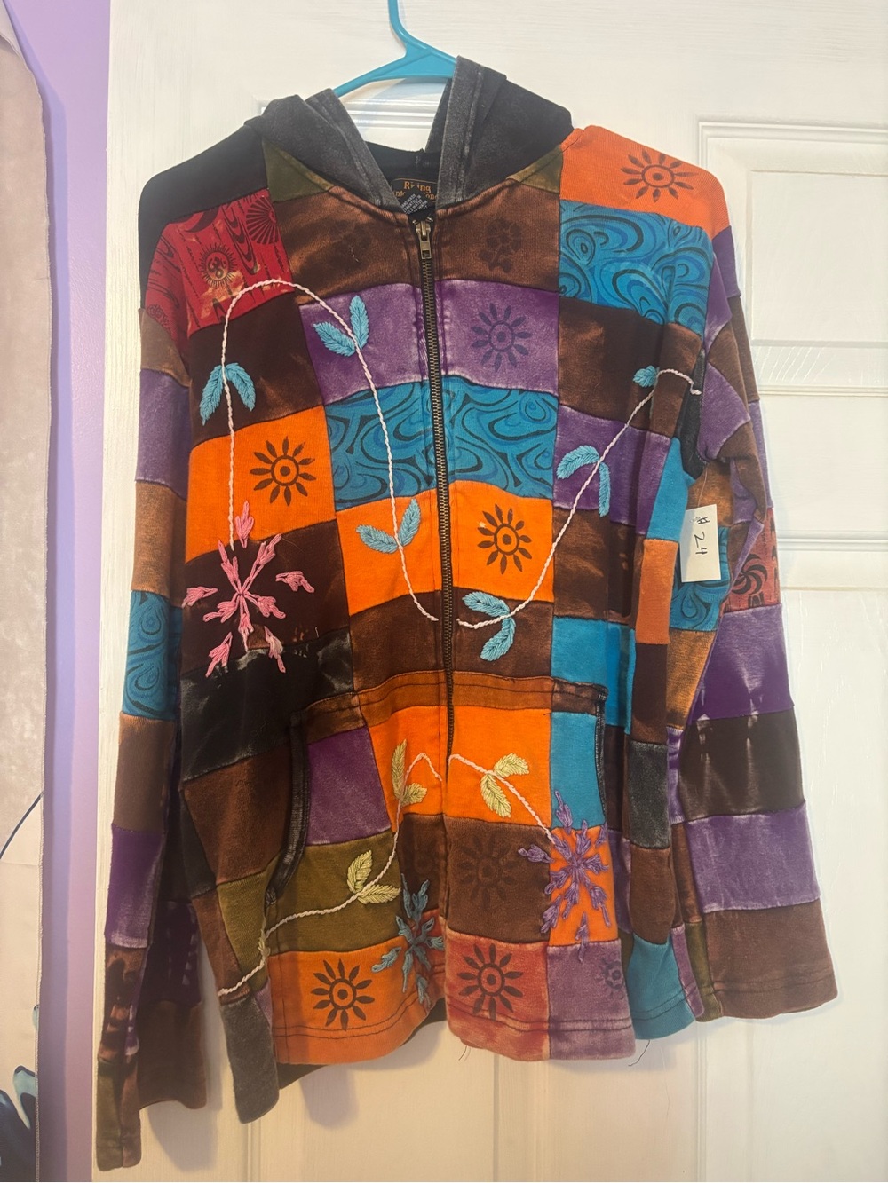 Colorblock Floral Embroidered Zip Hoodie Jacket - Multicolor